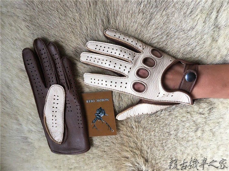 罗马尼亚手工制造 超跑汽车宝马驾驶 哈雷复古摩托车鹿皮打孔手套
