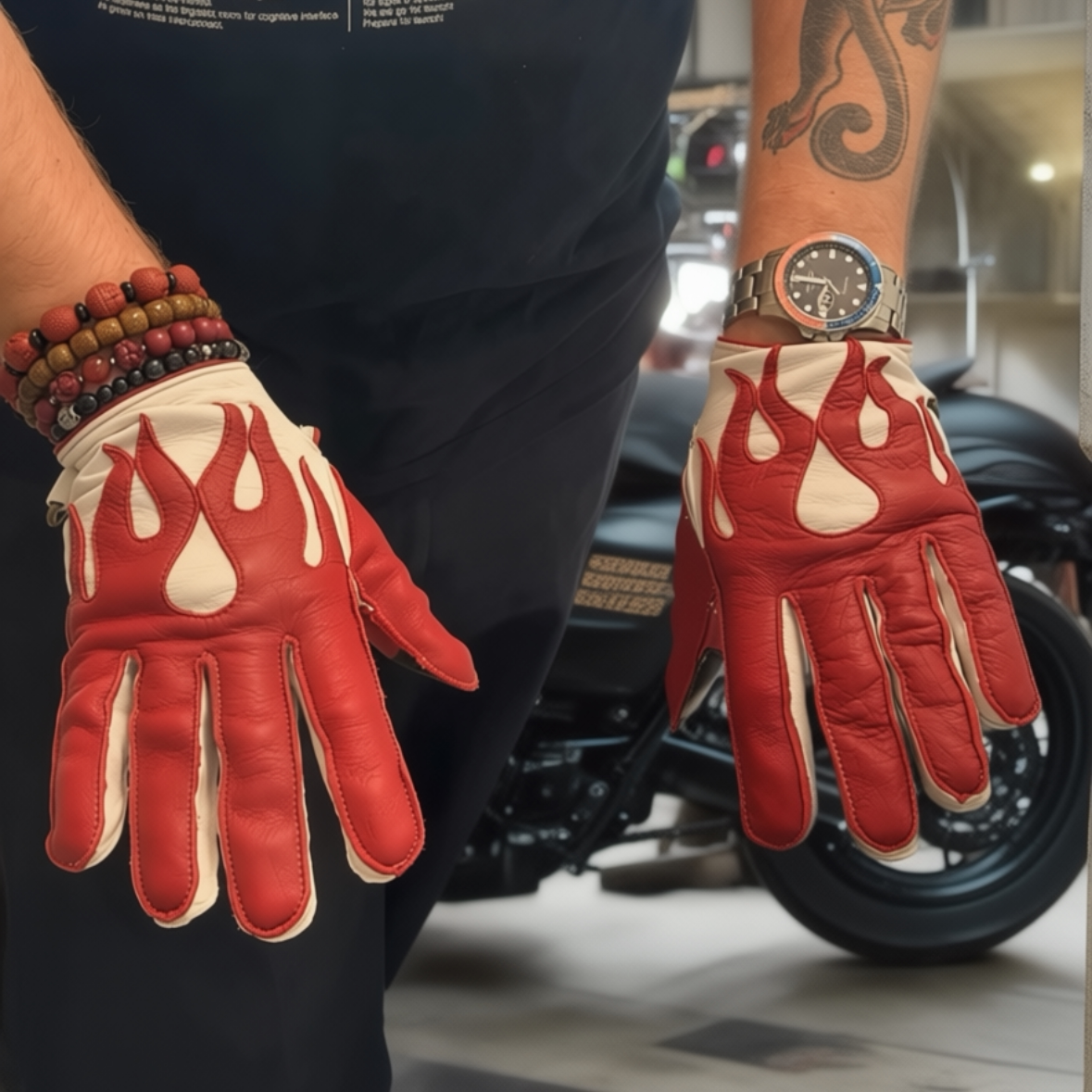 复古鹿皮真皮哈雷机车红色火焰纹凯旋摩托男女情侣款触屏真皮手套
