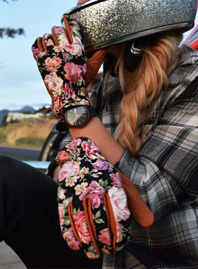 美国制造 Grifter日本花卉织物耐磨野牛皮复古机车哈雷手套男女款