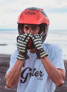 美国进口grifter鹿皮蓝白条纹牛仔布 哈雷囚徒凯旋摩托车骑士手套