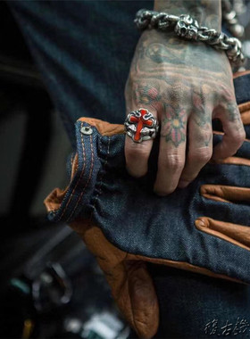 美国制造GRIFTER经典cafe复古牛仔帆布耐磨野牛皮 哈雷摩托车手套