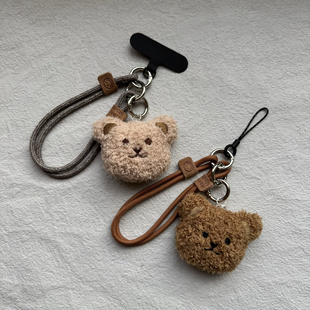 创意双笑脸圆绳实心奶咖色毛绒小熊手机挂绳短款 垫片手腕绳相机链