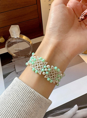 SL012•小众时尚森系宽版窗花串珠手链（材料包&成品）