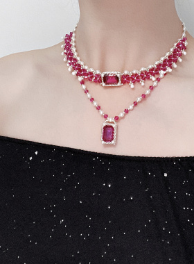 XL004•小众设计紫红宝石包钻串珠颈链项链（材料包&成品）