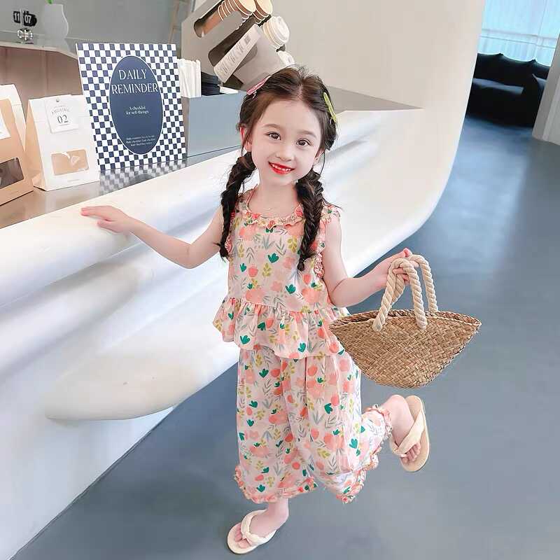 女童夏季套装2025新款儿童洋气背心夏款棉绸女宝宝薄款碎花夏装