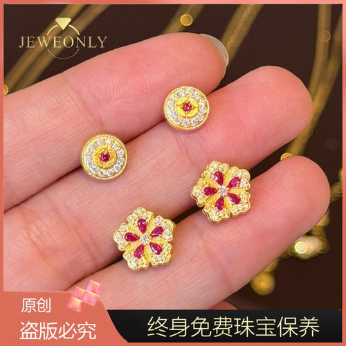 Jeweonly珠宝-TOP2钱币牡丹花官方黄金耳钉足金999配证书支持复检