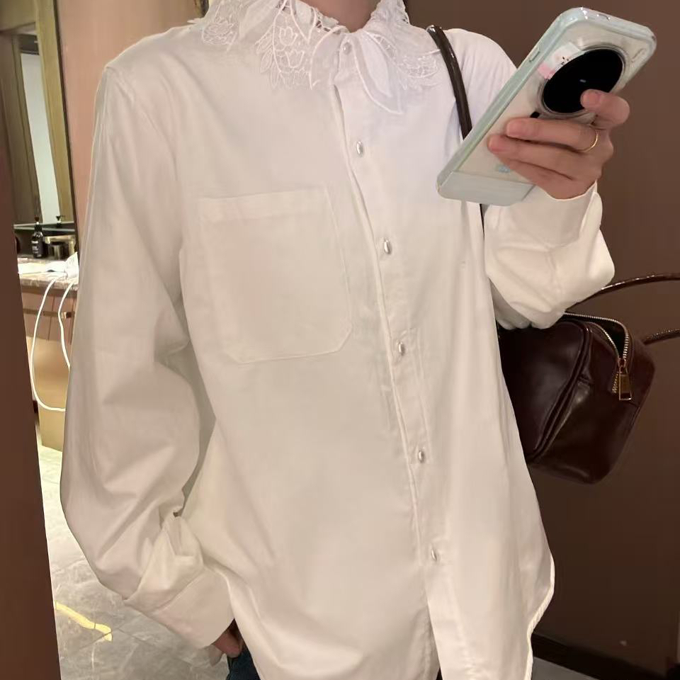 法式蕾丝花边领白色衬衫长袖宽松百搭洋气加厚上衣衬衫30712
