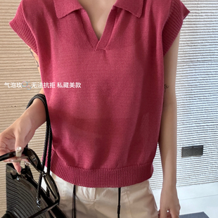 89057 韩风纯色系极简质感镂空polo针织衫