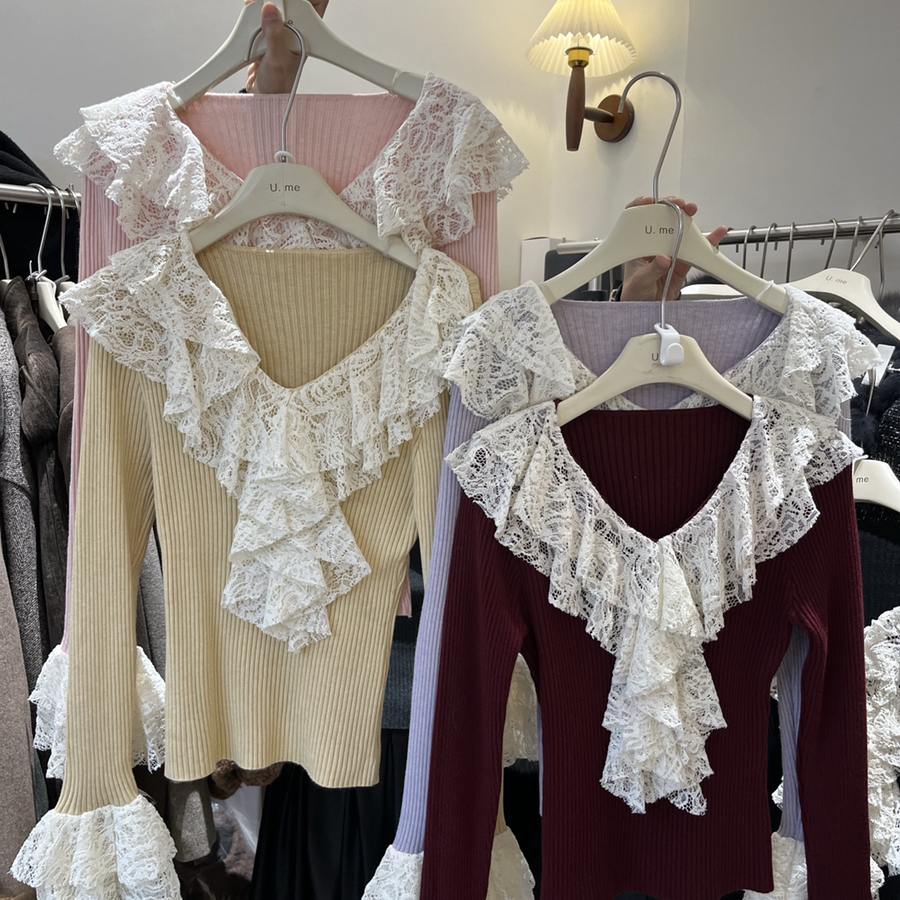 上新法式复古蕾丝拼接V领修身长袖针织衫ML267
