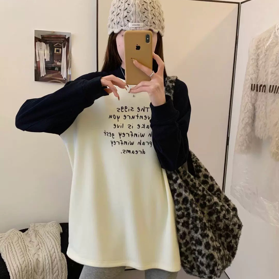 休闲字母植绒插肩袖T恤女装百搭宽松上衣长袖T恤YS1-3721