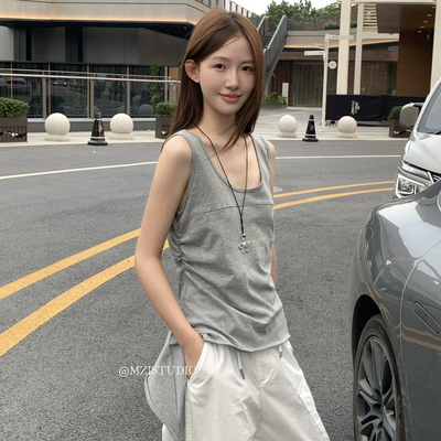 不规则下摆抽褶圆领背心(不含项链+腰带+开衫)13153##