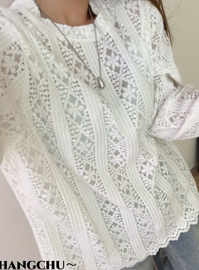 法式竖条花纹蕾丝长袖T恤叠穿上衣宽松休闲打底蕾丝衫70175#