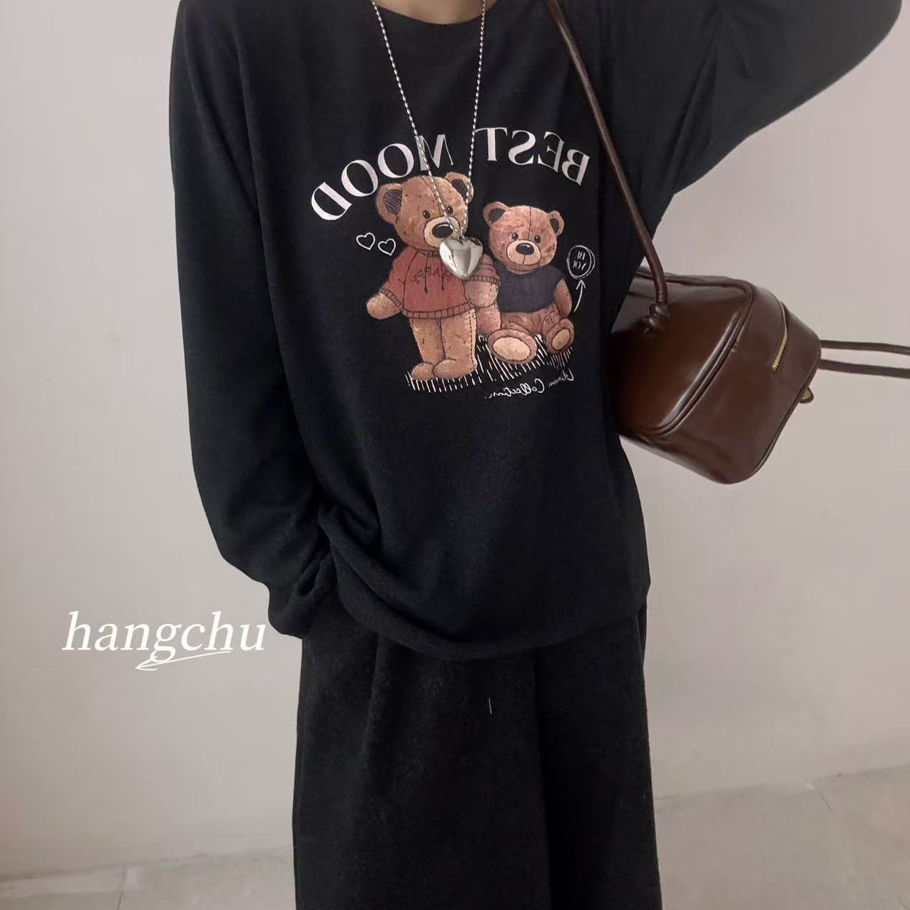 韩版卡通小熊设计宽松大版长袖T恤打底衫女上衣长袖T恤2770
