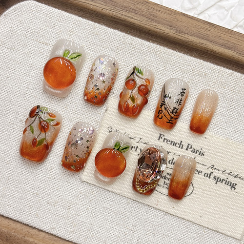 冰透猫眼柿柿如意精品高货纯手工穿戴甲手绘浮雕手作短梯中杏仁款