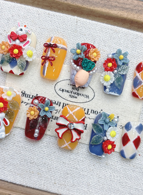 彩色兔子纯手工穿戴甲卡通可爱美甲2026新年短梯方款女士杏仁款