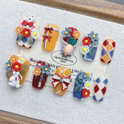 彩色纯手工可爱兔子短杏仁穿戴甲