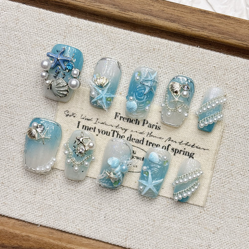 蓝色海洋风纯手工短款穿戴甲显白