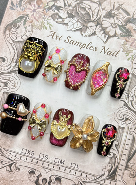 欧美复古纯手工穿戴甲高级感美甲2026新年短梯方款女士重工杏仁款