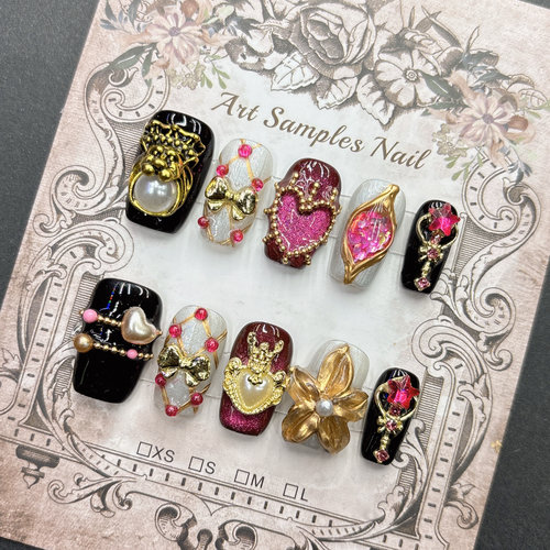 欧美复古纯手工穿戴甲高级感美甲2025新年短梯方款女士重工杏仁款