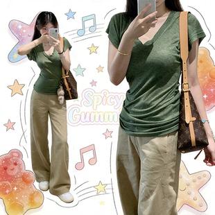 气质显瘦百搭小飞袖 韩版 基础款 t恤女夏季 正肩上衣 复古绿色v领短袖