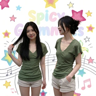 内搭纯欲气质修身 新款 显瘦设计感上衣 T恤女早春季 韩系绿色V领短袖