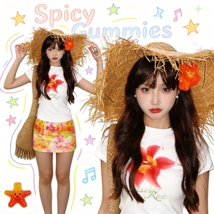 显瘦辣妹上衣ins 花卉印花修身 韩系百搭圆领正肩短袖 T恤女白色新款