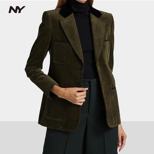 条绒外套女名品春秋新款时尚大牌撞色拼接长袖休闲白色咖啡色西装