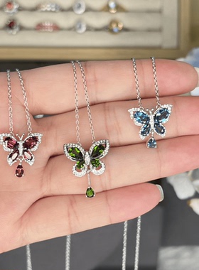 天然透辉石锁骨链纯银蝴蝶款女款