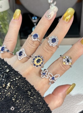 天然蓝宝石戒指女S925纯银简约