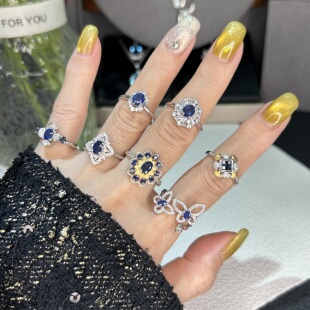 天然蓝宝石戒指女S925纯银镶嵌简约百搭蝴蝶结款 送女友礼物饰品