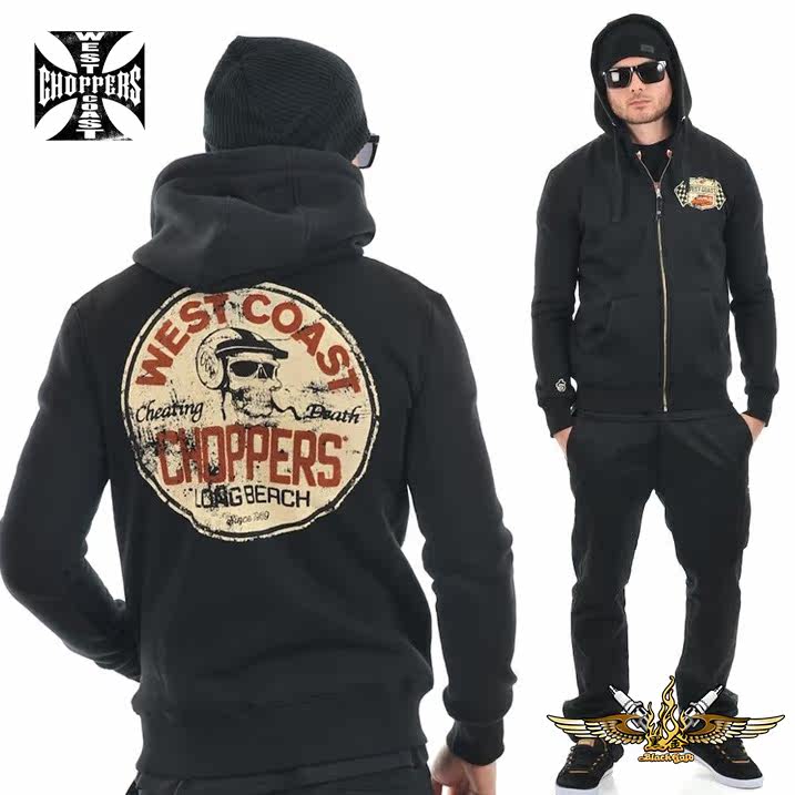 黑金定制 WEST COAST CHOPPERS美国哈雷机车服饰男士连帽卫衣外套