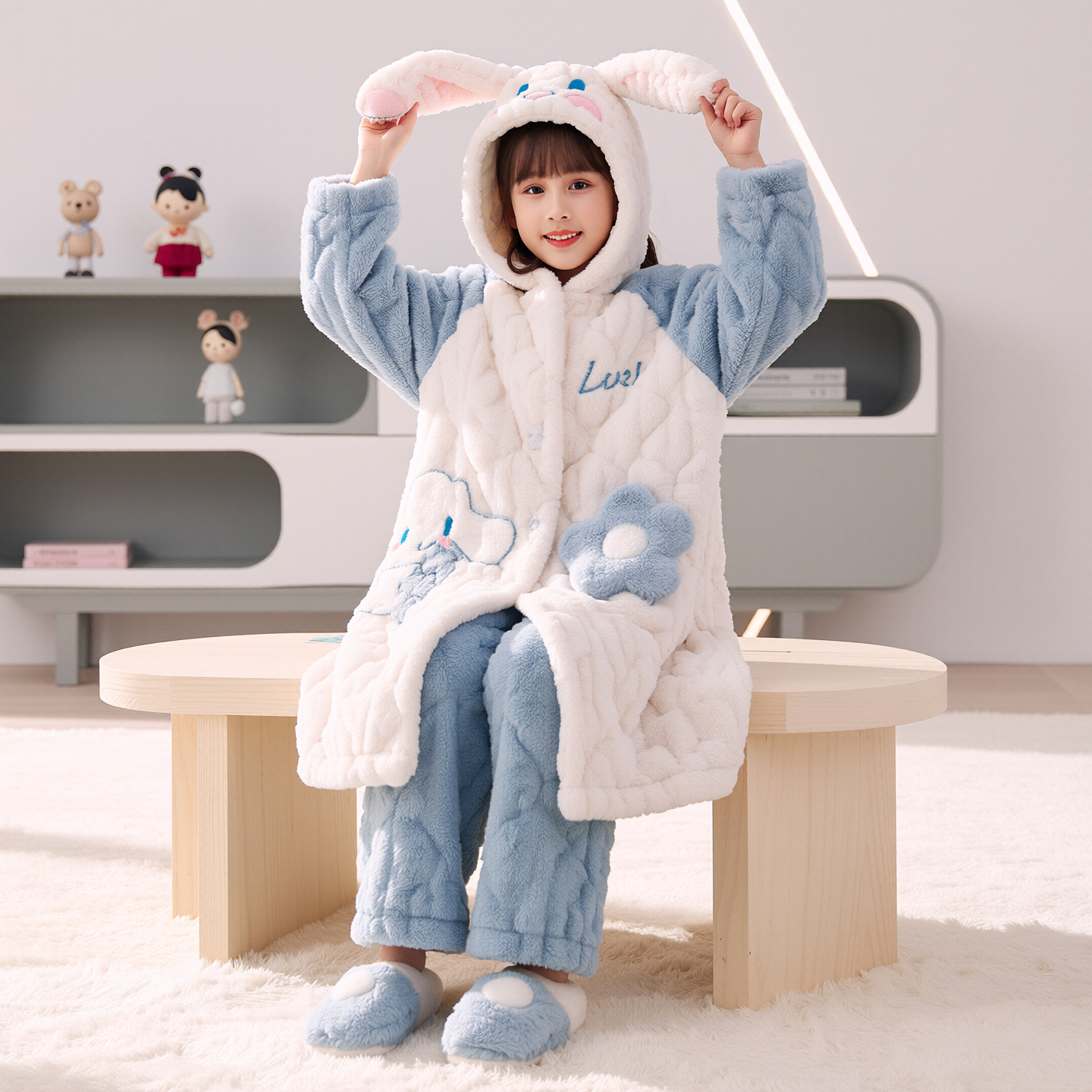 女童睡袍高端三层夹棉加绒加厚可爱玉桂狗冬天珊瑚绒母女装家居服