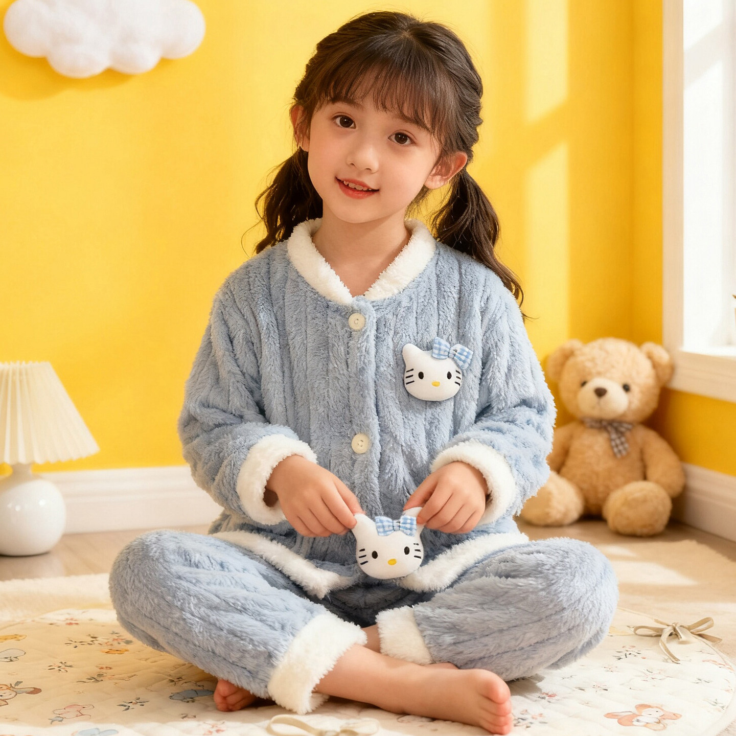女童KT猫睡衣高端法兰绒冬天加厚