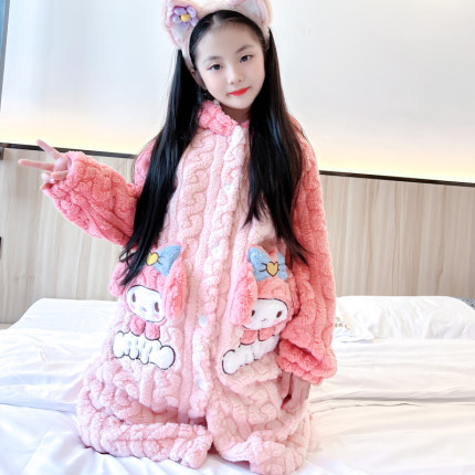 美乐蒂睡袍女童睡衣秋冬季长款法兰绒加厚款母女装珊瑚绒套装学生