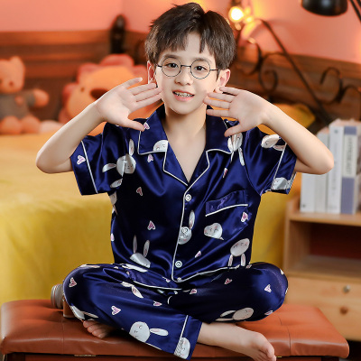 儿童睡衣冰丝短袖长裤小白兔夏季