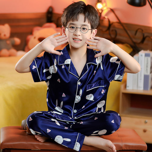 儿童睡衣冰丝短袖长裤小白兔夏季