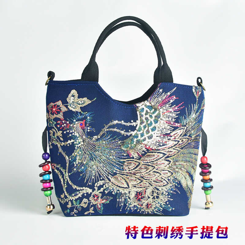2024新款民族风复古绣花帆布包凤凰亮片刺绣手提单肩斜挎百搭包女