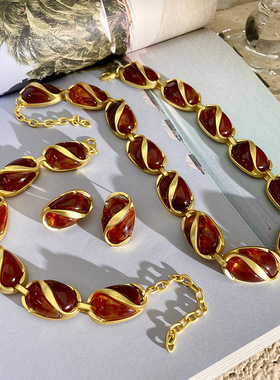 欧美法式复古棕色水晶串珠项链古董风Vintage棕色琉璃豆豆锁骨链