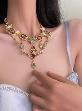 中古气质珍珠水晶闪钻流苏锁骨链汉服古风宴会彩色宝石项圈项链女