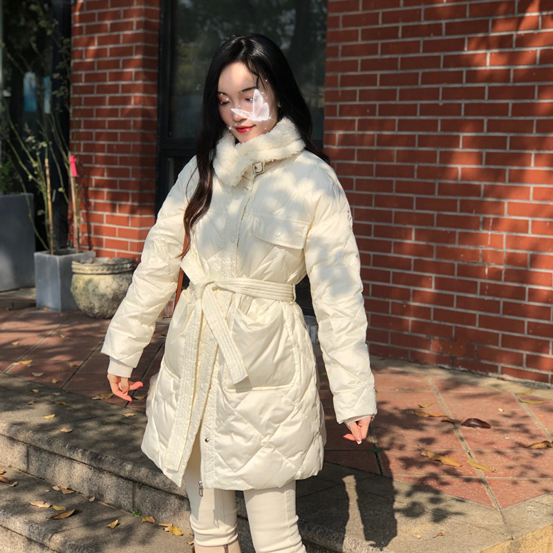 【闭店清仓】羊羔毛翻领羽绒服女中长款2022冬韩版收腰菱格纹外套