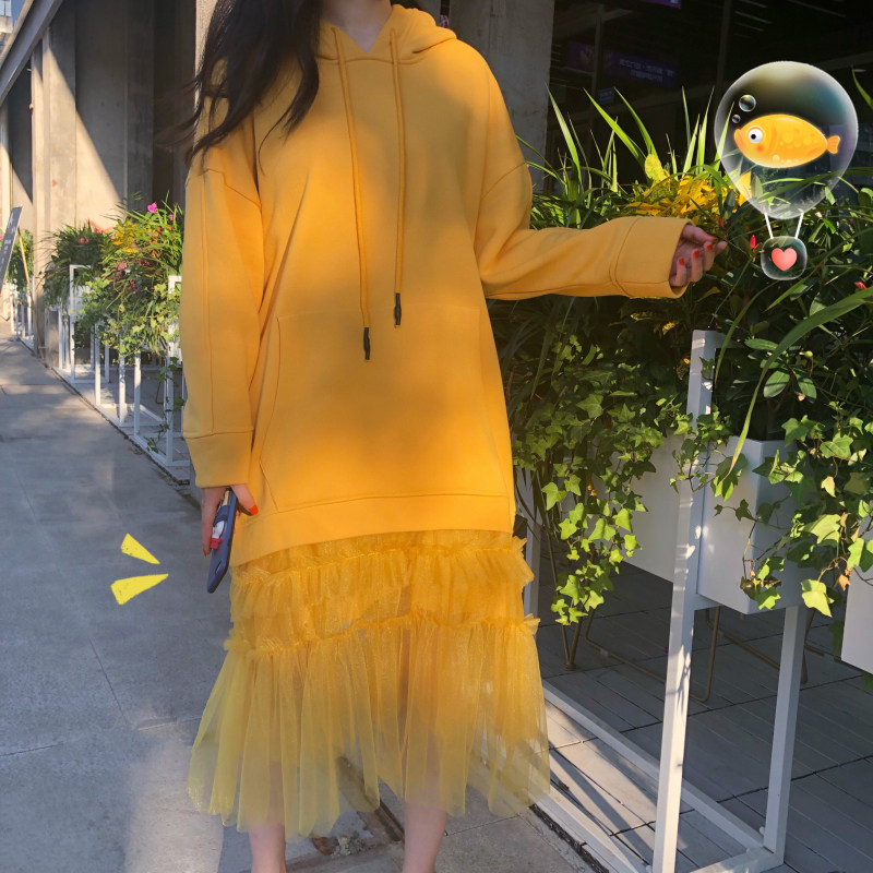 【闭店清仓】网纱拼接连帽卫衣裙连衣裙