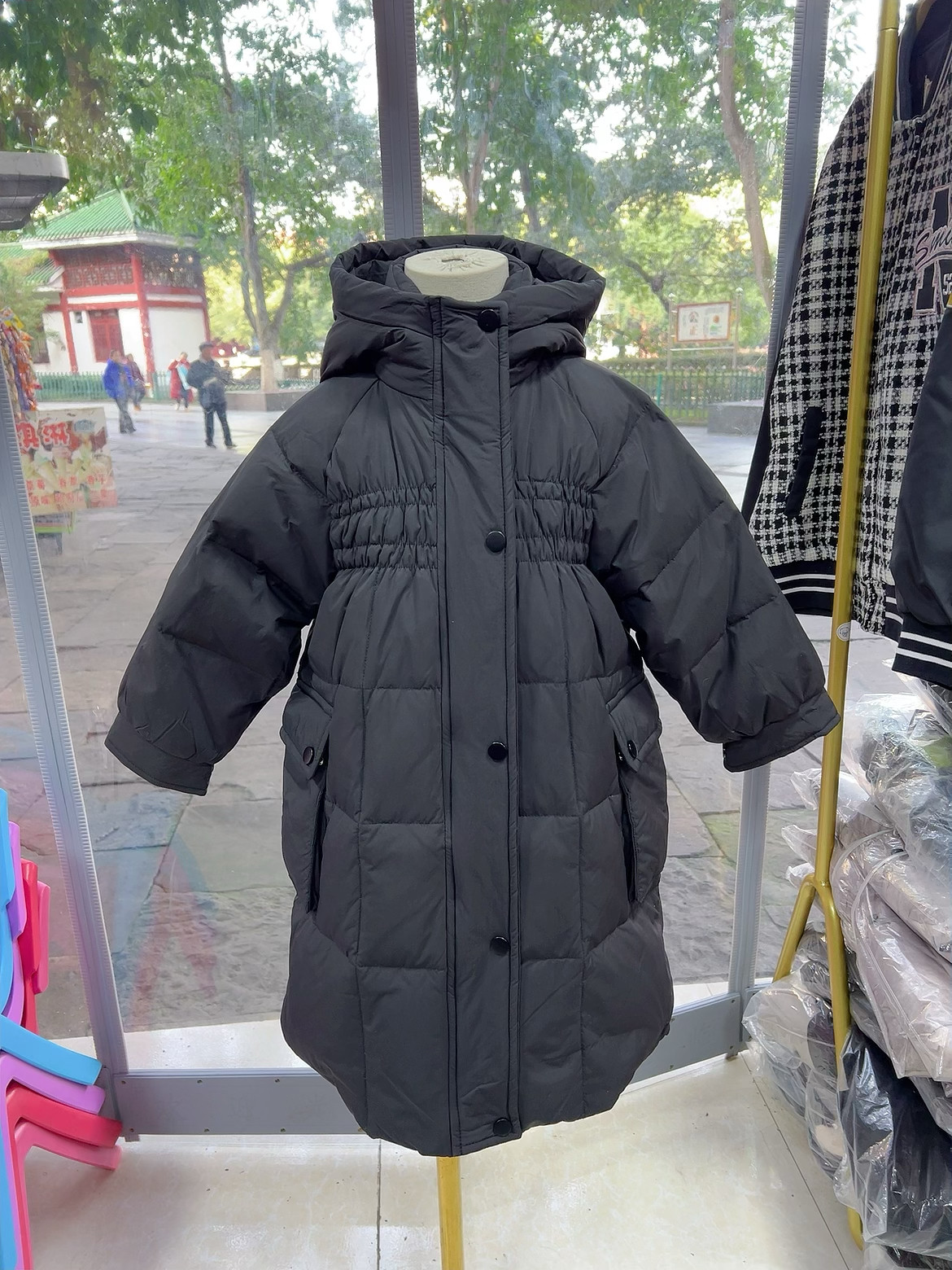 2025冬MM女中童韩系长款带帽110-150码黑色羽绒服外套