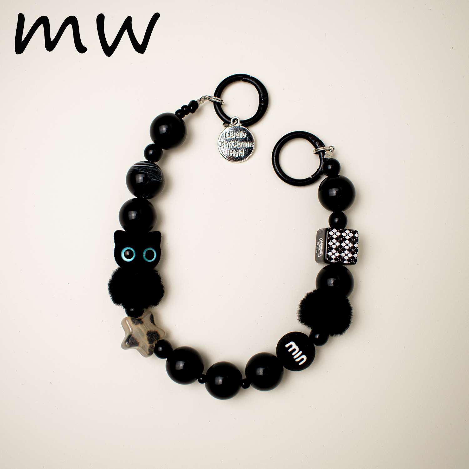 小众高级黑色毛绒猫咪手机挂绳串珠手链手腕带汽车钥匙扣包包挂件