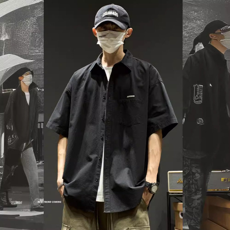 短袖衬衫男2024新款日系简约刺绣潮牌翻领半袖夏季痞帅工装外套潮