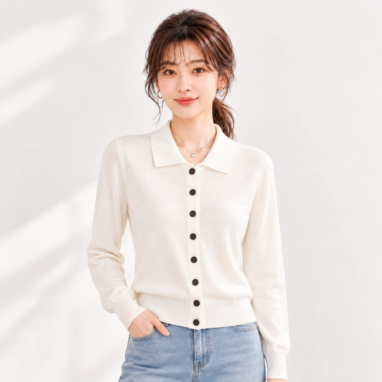 100%全羊毛韩系翻领针织开衫女