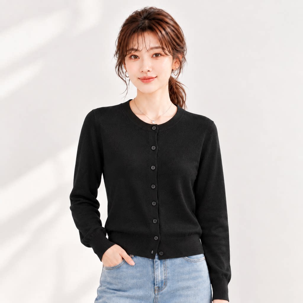 100%羊毛黑色极简针织开衫女
