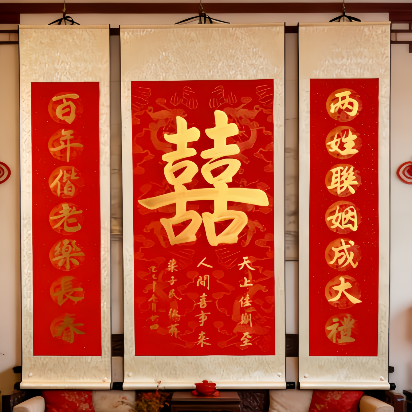 中式婚礼双喜囍字结婚中堂客厅挂画卷轴拍照背景婚庆新婚婚房布置