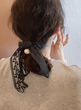 Dolan饰品韩国法式黑色蕾丝飘带蝴蝶结落难公主绑头发女发圈新款