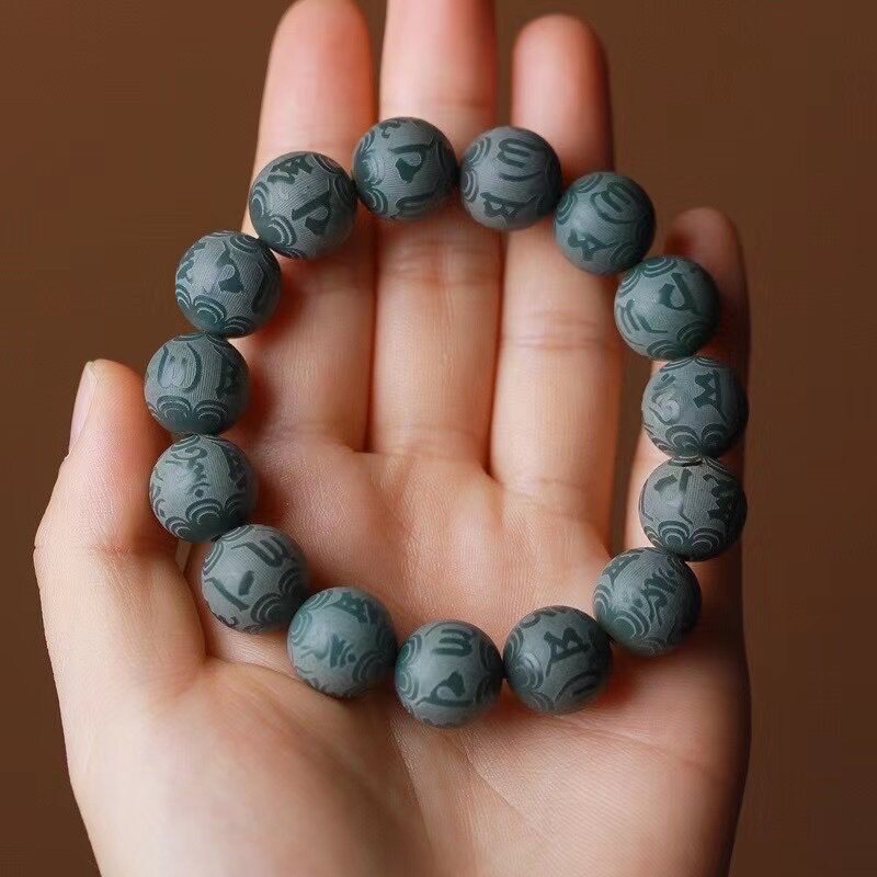 绿幽灵菩提根雕刻六字箴言圆珠手串单圈手链男女盘玩念珠手持配饰