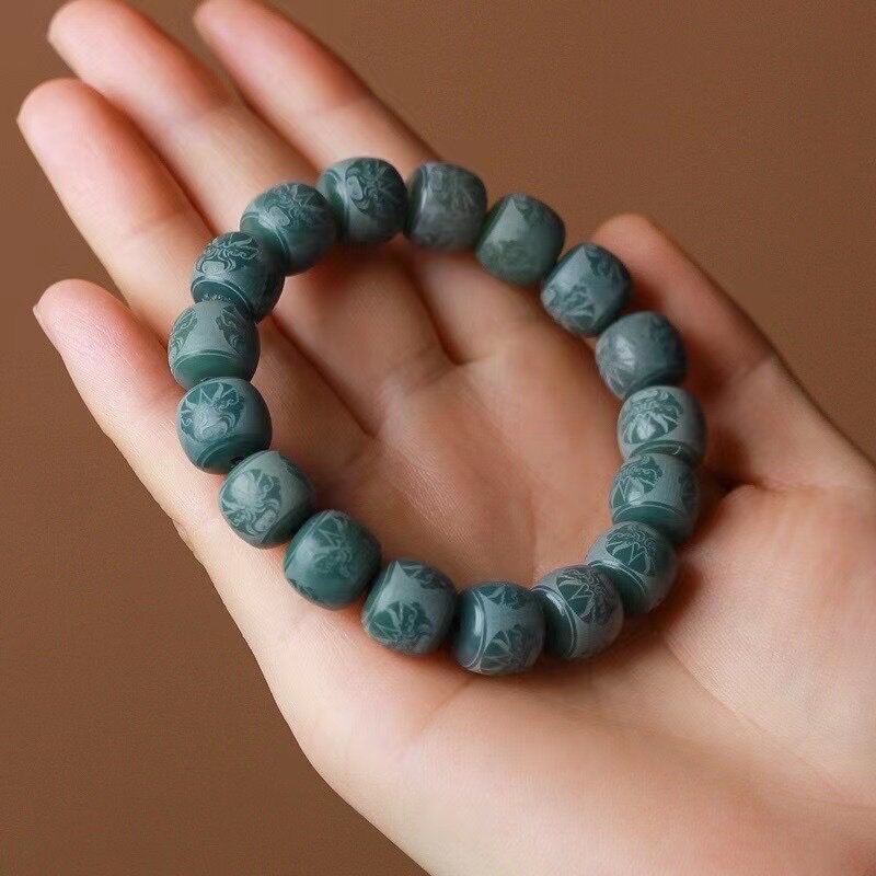 国粹京剧脸谱雕刻绿幽灵菩提根手串单圈男女款手链配饰念珠民族风